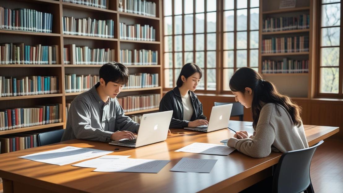 Students researching Korean politics in library with laptops, papers, and natural light.